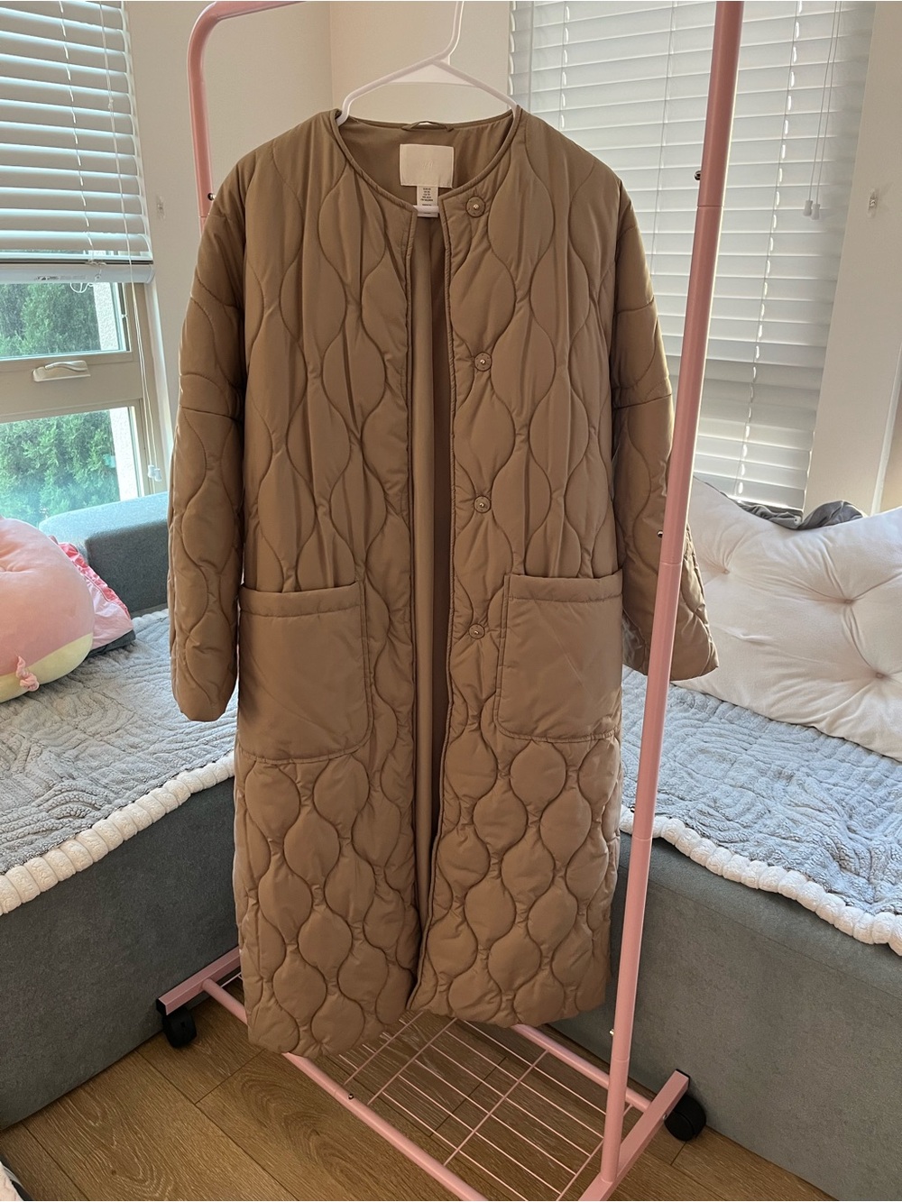 H&M Quilted Longline Puffer Coat in Taupe